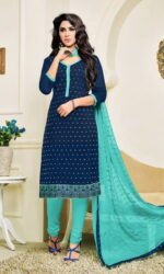 Navy Blue & Sky Blue Pure Cotton Embroidered Salwar Suit