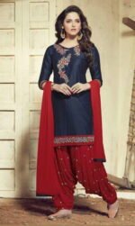 Navy Blue & Red Embroidered Salwar Suit Pure Shantoon Embroidered Salwar Suit
