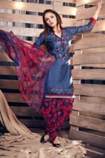 Navy Blue and Red Printed  Embroidered Salwar Suit