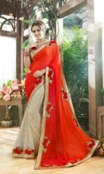 Orange and Golden Pure Georegette Embroidered Sarees