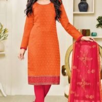 Orange & Red  Pure Cotton Embroidered Salwar Suit