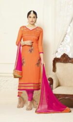 Orange & Pink Cotton Jacquard Embroidered Salwar Suit