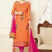 Orange & Pink Cotton Jacquard Embroidered Salwar Suit