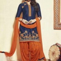 Navy Blue and Orange Patiala Pure Shantoon Embroidered Salwar Suit
