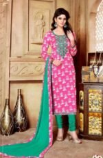 Pink  and Green Glace Cotton Embroidered Salwar Suit