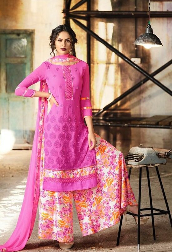 Pink and printed Palazo Pure Gerogette Embroidered Salwar Suit - Image 3