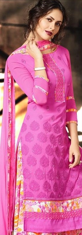 Pink and printed Palazo Pure Gerogette Embroidered Salwar Suit - Image 2