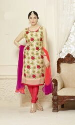 Creem & Red Cotton Jacquard Embroidered Salwar Suit