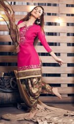 Pink & Brown Prined Embroidered Salwar Suit