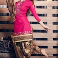 Pink & Brown Prined Embroidered Salwar Suit