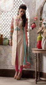 Beige and Pink Center cut Semi-Stitched Salwar Suit