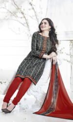 Black & Red Semi Lawn Embroidered Salwar Suit