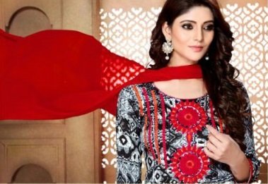 Black and Red Glace Cotton Embroidered Salwar Suit - Image 3