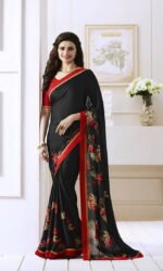 Red & Black Satin Gerogette Embroidered Sarees