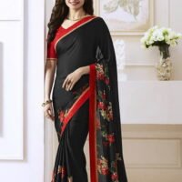 Red & Black Satin Gerogette Embroidered Sarees