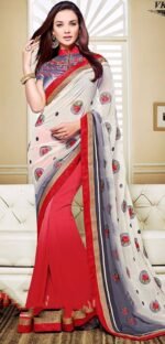 Red & Creem Pure Georegette Embroidered Sarees