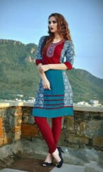 Red & Blue Cotton Embroidered Salwar Suit