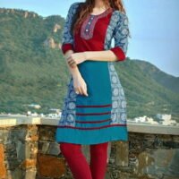 Red & Blue Cotton Embroidered Salwar Suit