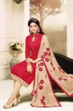 Red and Creem Pure Cotton Embroidered Salwar Suit