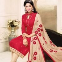 Red and Creem Pure Cotton Embroidered Salwar Suit