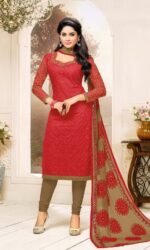Red & Mhendi  Pure Cotton Embroidered Salwar Suit