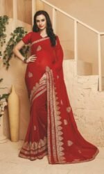 Red & golden Pure Georegette Embroidered Sarees