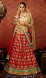 Red & Golden Pure Georgette Embroidered Lehengas Suit