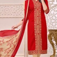 Red & Creem Cotton Jacquard Embroidered Salwar Suit