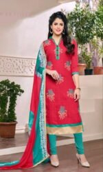 Red & green Cotton Jacquard Embroidered Salwar Suit