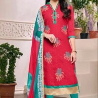 Red & green Cotton Jacquard Embroidered Salwar Suit