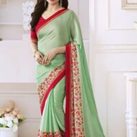 Red & Green Satin Gerogette Embroidered Sarees