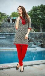 Red & Grey Cotton Embroidered Salwar Suit