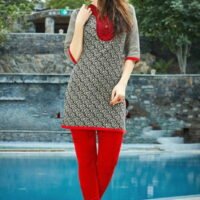 Red & Grey Cotton Embroidered Salwar Suit