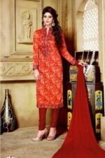 Red and Orange Glace Cotton Embroidered Salwar Suit