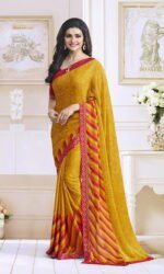 yellow and Red Satin Gerogette Embroidered Sarees