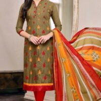 Red & Mehandi Cotton Jacquard Embroidered Salwar Suit