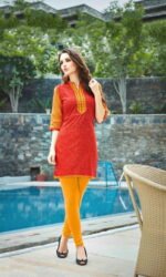 Red & Yellow Cotton Embroidered Salwar Suit