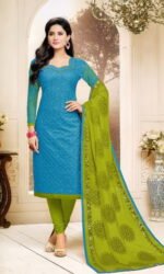 Sky Blue & Green  Pure Cotton Embroidered Salwar Suit