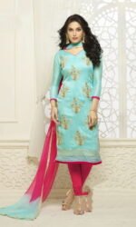 Red & Skyblue Cotton Jacquard Embroidered Salwar Suit