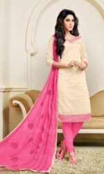 Creem & Pink Pure Cotton Embroidered Salwar Suit