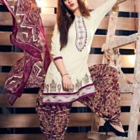 Creem and Pink Printed Embroidered Salwar Suit