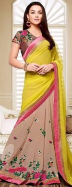 Yellow & Brown Pure Georegette Embroidered Sarees