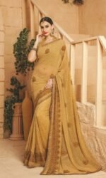 Yellow Pure Georegette Embroidered Sarees
