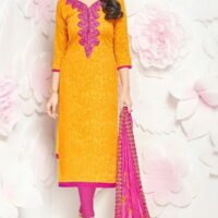 Yellow & Pink  Cotton Embroidered Salwar Suit