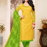 Yellow & Green  Pure Cotton Embroidered Salwar Suit