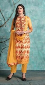 yellow  Glace Cotton Embroidered Salwar Suit