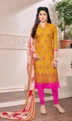 Yellow & Pink Cotton Jacquard Embroidered Salwar Suit