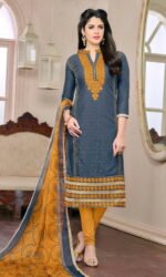 Grey & Yellow Cotton Jacquard Embroidered Salwar Suit